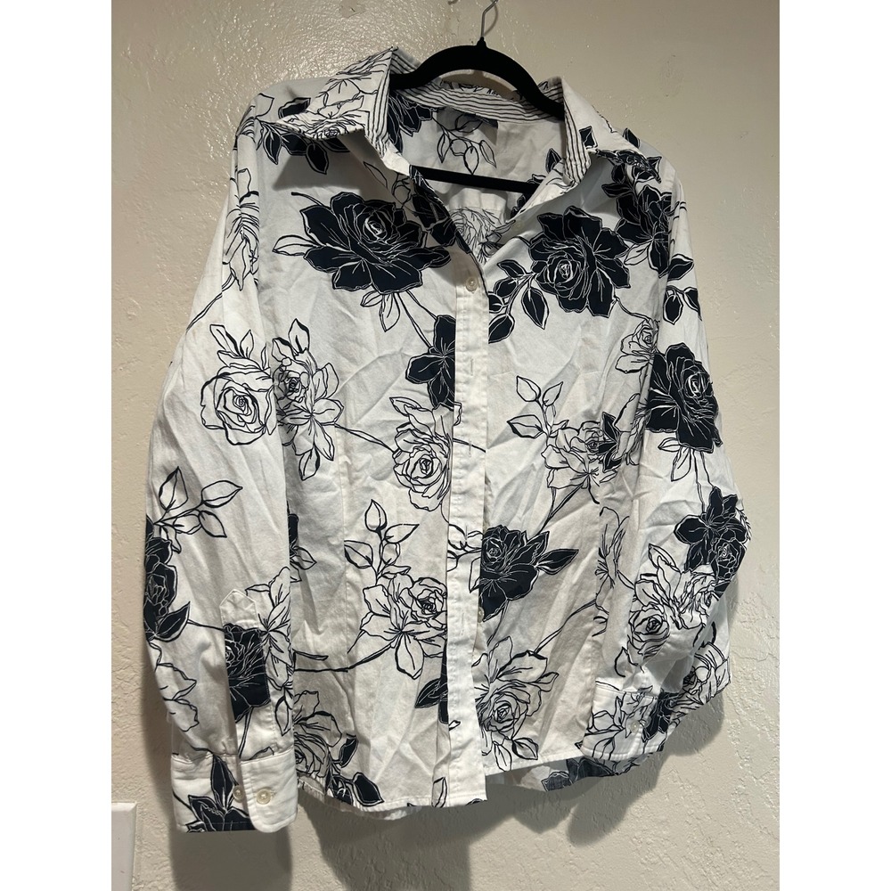 Jones New York Woman 2X White Black Floral Rose Cotton Button Down Shirt